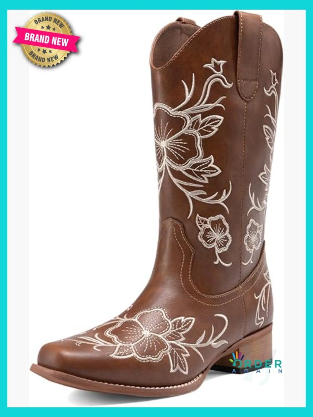 Embroidered Square Toe Cowboy Boots Chunky Low Heel Mid Calf Western